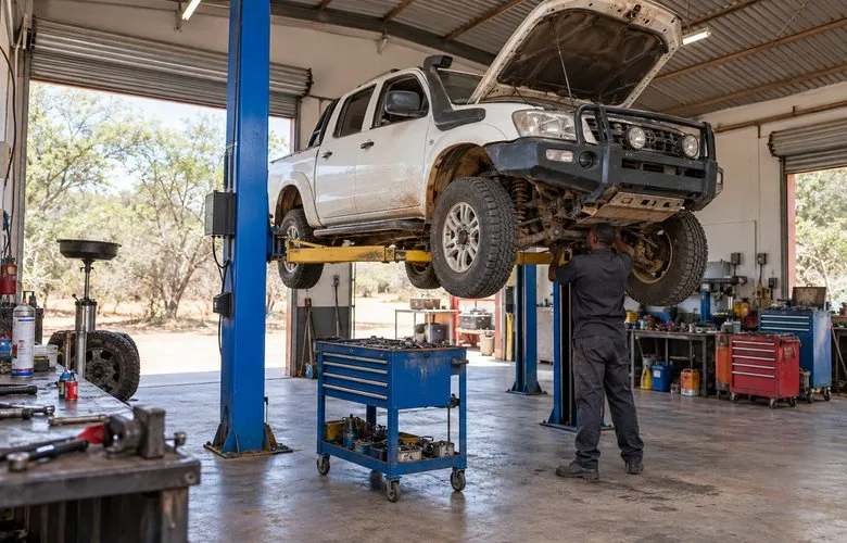 A white Toyota on the hoist in the workshop with the bonnet open