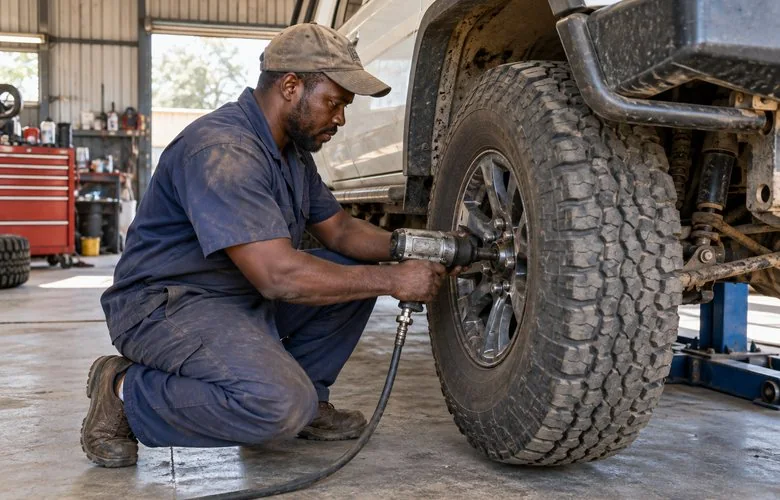 A mechanic fitting an all-terrain tyre with an impact wrench