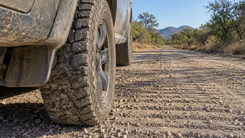 An all-terrain tyre on a gravel road
